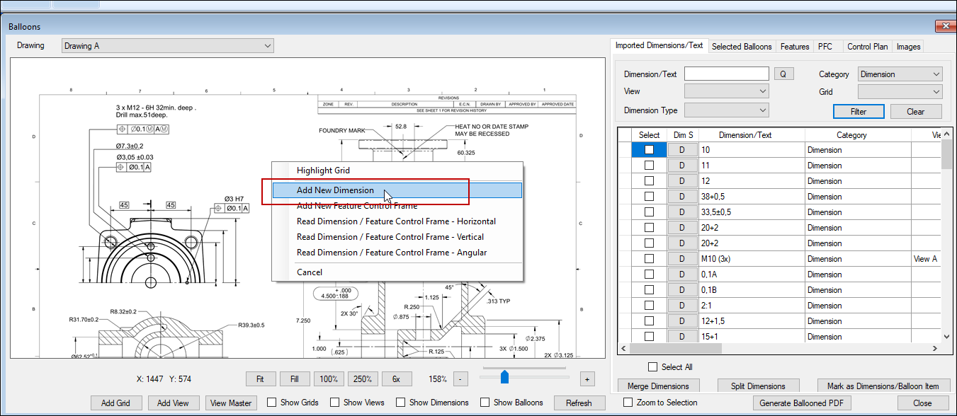 Add new dimension through OCR Ballooning software