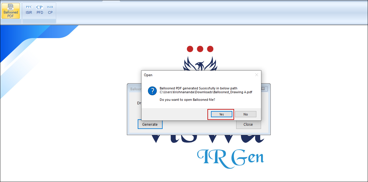  Clicking Yes to generate Ballooned PDF in PFMEA software